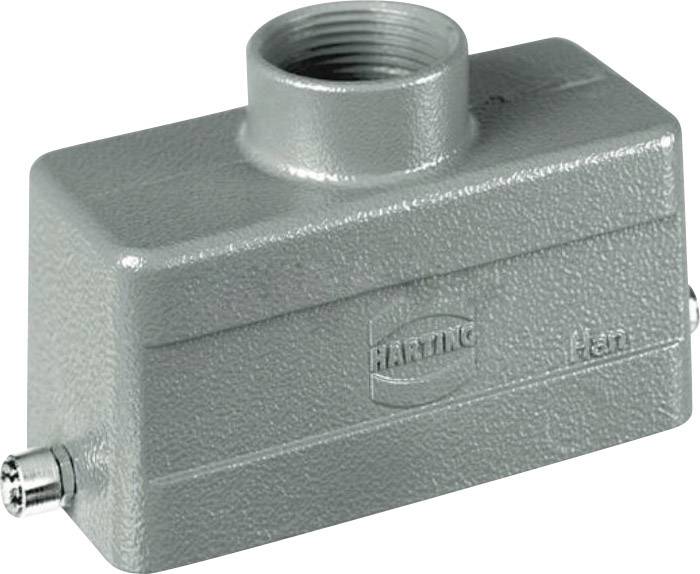 Connettore metallico con filettatura cilindrica sulla parte superiore. Robusto e adatto all'uso industriale, contrassegnato con 'Harting'.