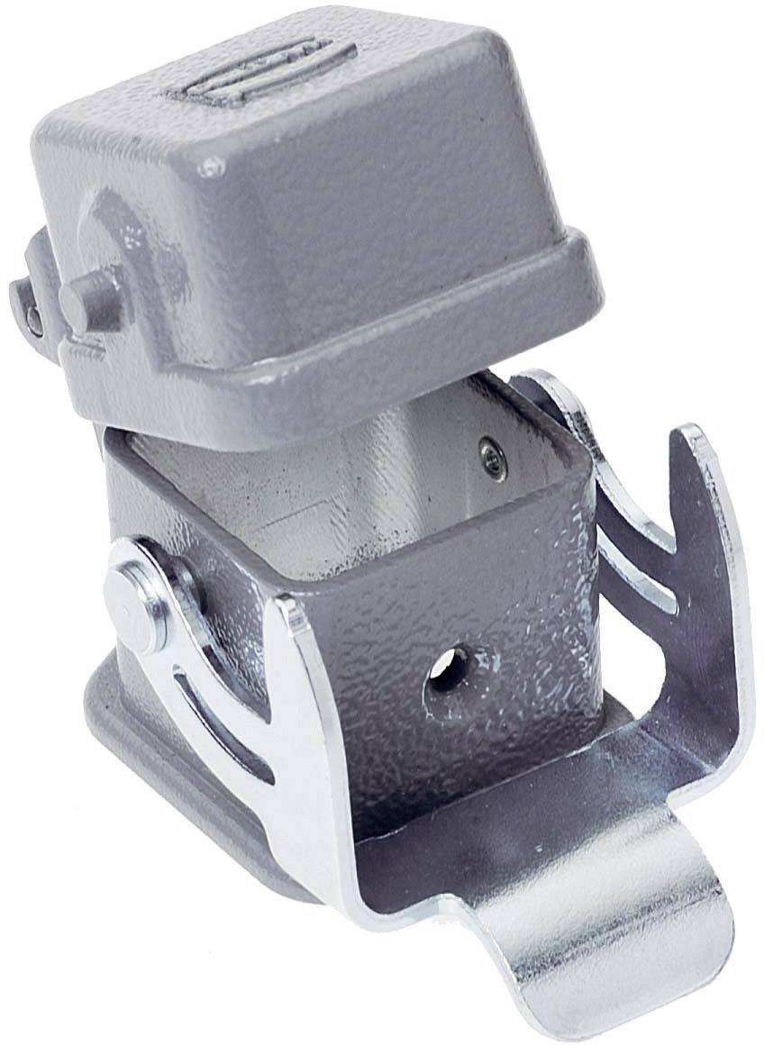 Connettore elettrico metallico in stato aperto con involucro protettivo e morsetti metallici visibili, pronto per il collegamento.