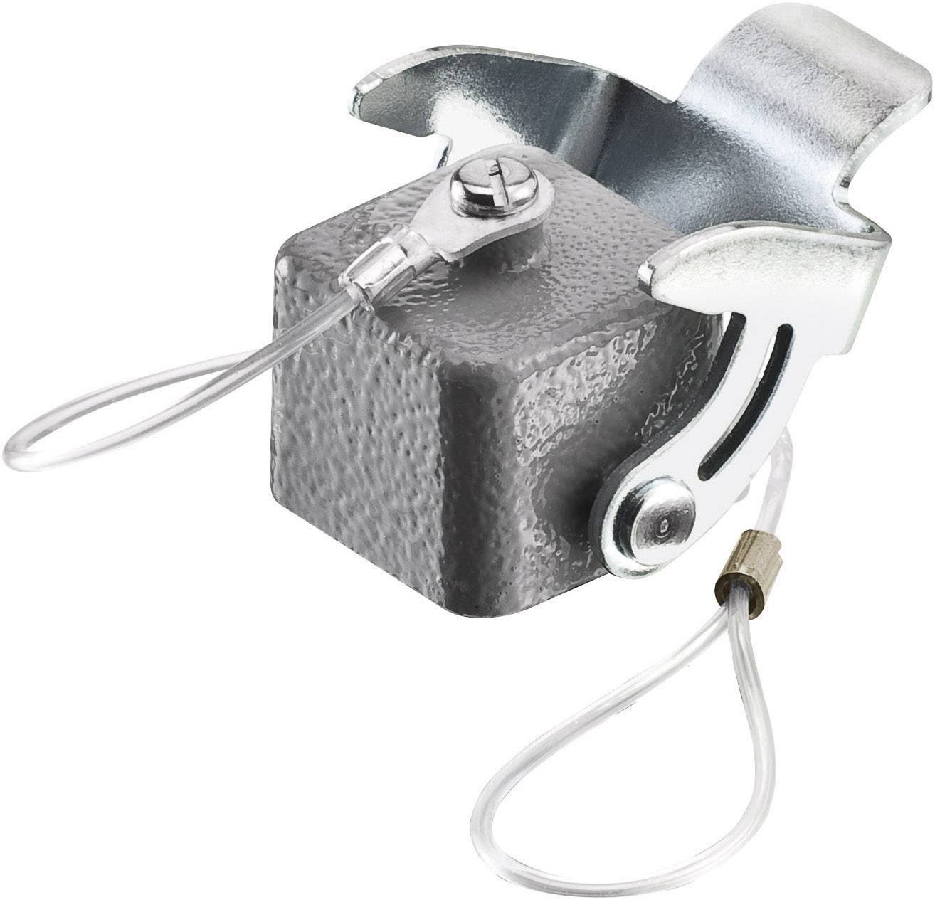 Peso metallico con morsetto e due funi metalliche, utilizzato per stabilizzare oggetti o strutture.