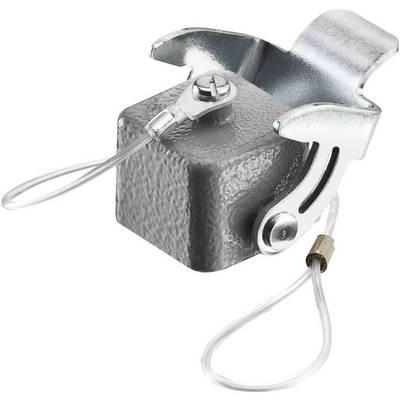 Peso metallico con morsetto e due funi metalliche, utilizzato per stabilizzare oggetti o strutture.