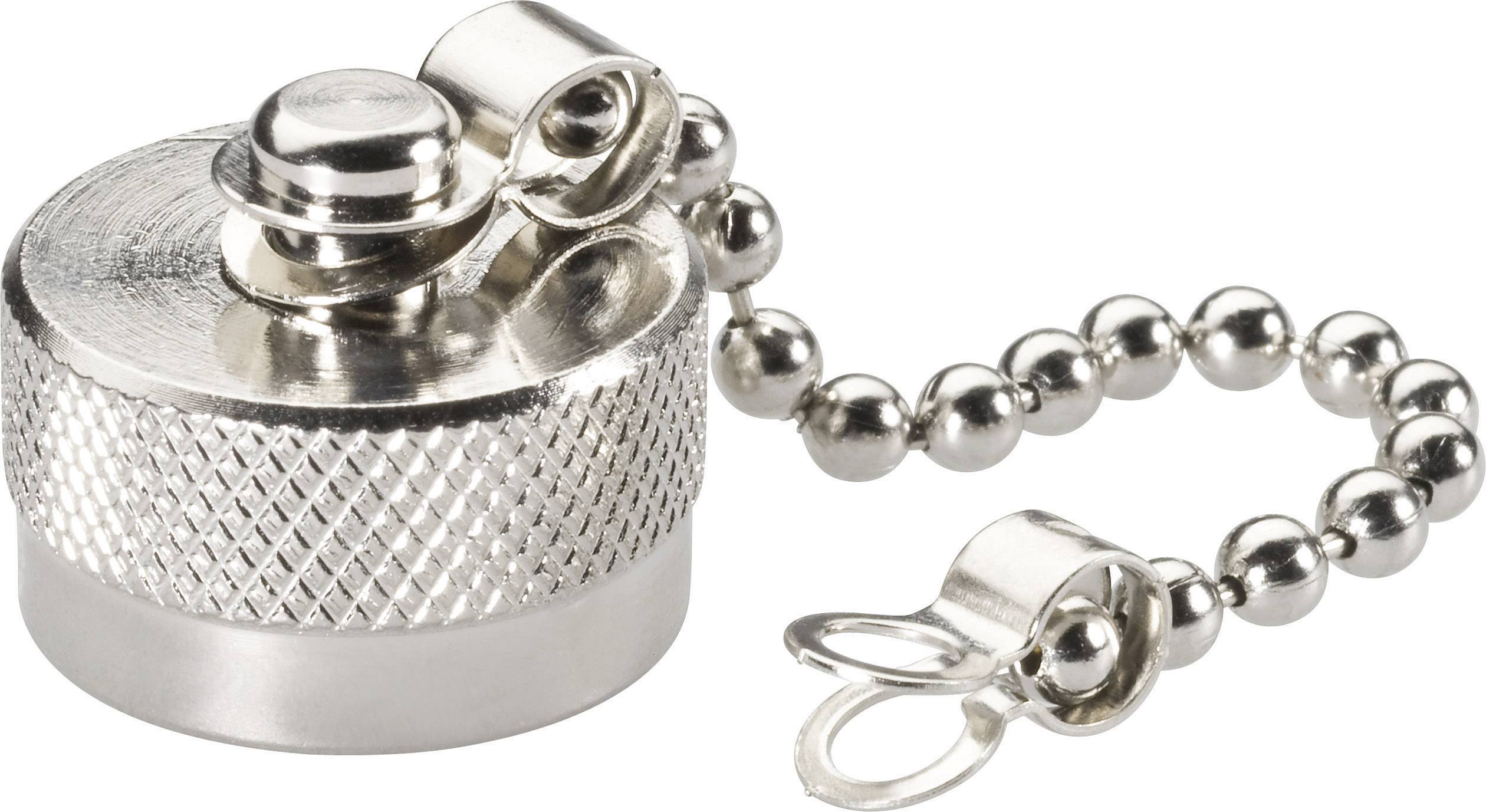 Tappo di metallo con catenella, spesso utilizzato per gli scarichi delle vasche da bagno. Colore argento con superficie scanalata per una migliore presa.