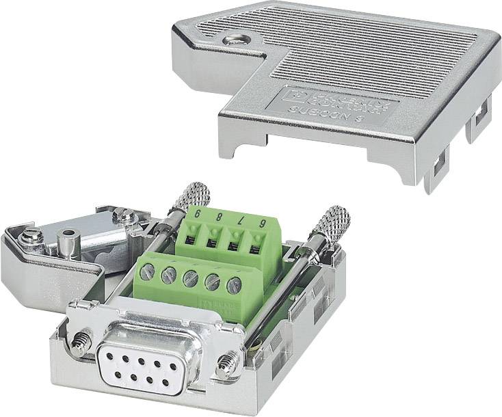 Un connettore D-Sub aperto con blocco di connessione verde e copertura metallica rimossa, che mostra le connessioni interne.