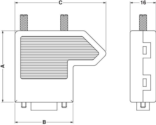Disegno tecnico di un pezzo di raccordo ad angolo retto con le dimensioni A, B, C e 16; mostra le prospettive frontale e laterale.
