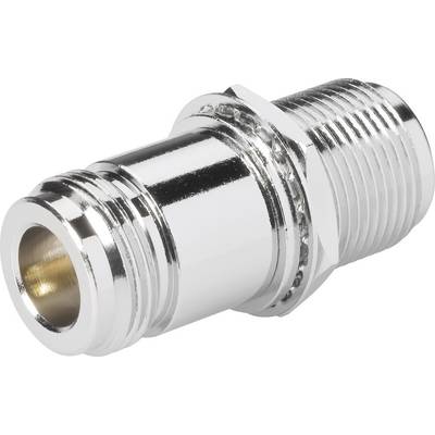 Adattatore metallico argentato con filettatura esterna sul lato destro e filettatura interna sul lato sinistro, utilizzato per collegare tubi.
