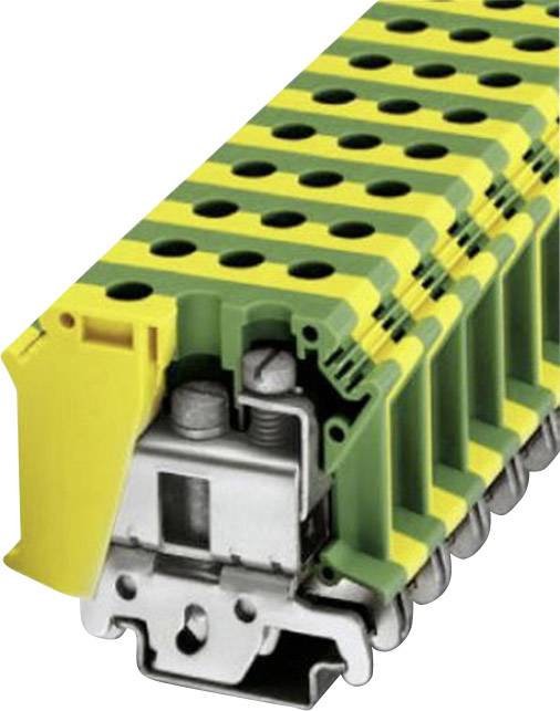 Diversi morsetti elettrici impilati di colore verde-giallo con fissaggio a vite su una guida metallica.