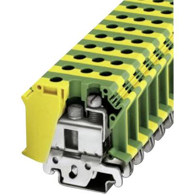 Diversi morsetti elettrici impilati di colore verde-giallo con fissaggio a vite su una guida metallica.