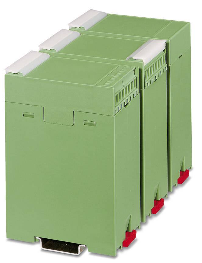 Moduli elettronici verdi con connettori su guida DIN; idonei per l'utilizzo in quadri elettrici o sistemi di controllo.