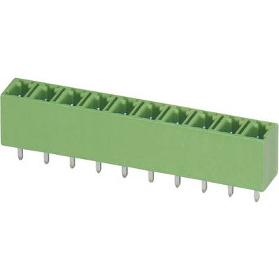 Connettore elettrico verde con più piedini metallici, idoneo per applicazioni elettroniche e montaggio su scheda.