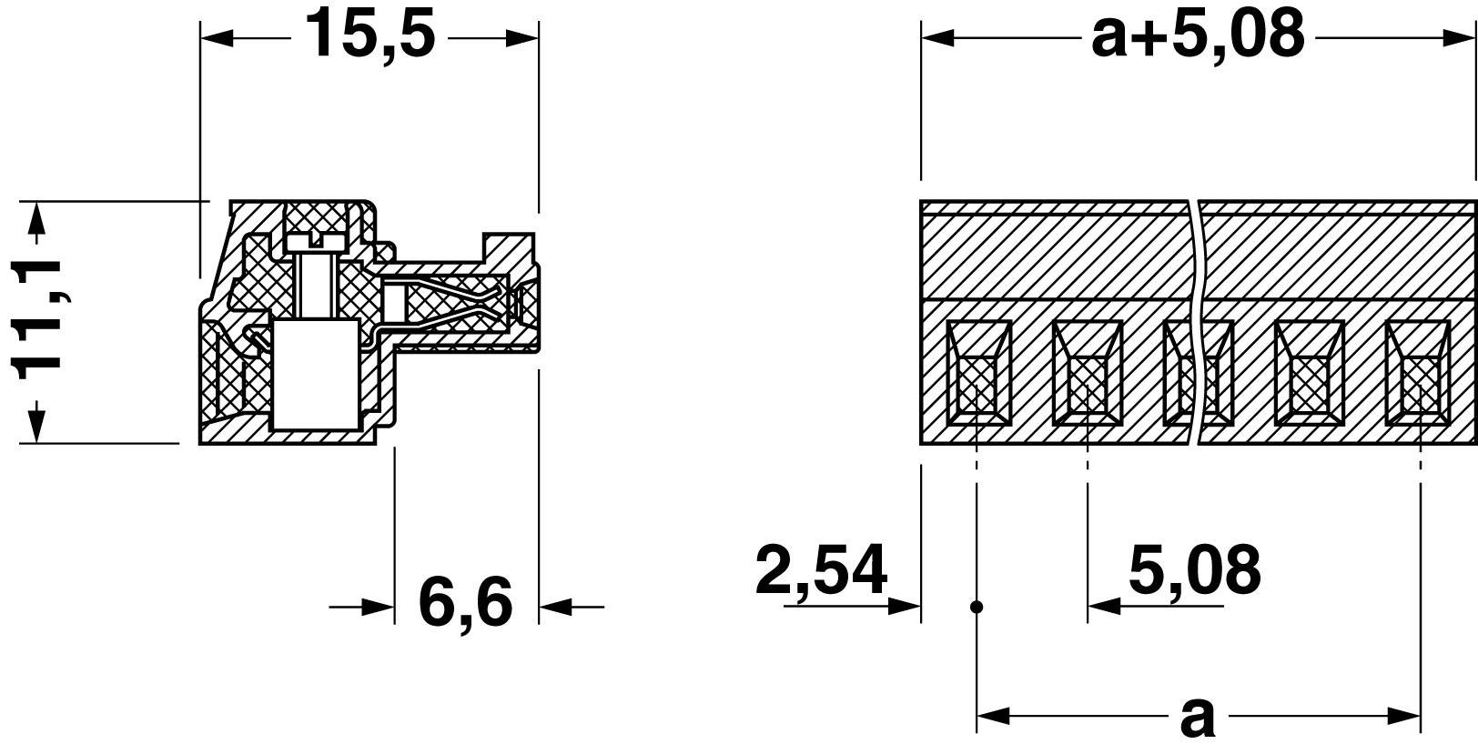 Disegno tecnico di un connettore con dimensioni: altezza 11,1 mm, larghezza 15,5 mm, profondità 6,6 mm, distanza tra i contatti 2,54 mm.