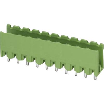 Connettore elettrico verde con più pin metallici, idoneo al montaggio su circuiti stampati.