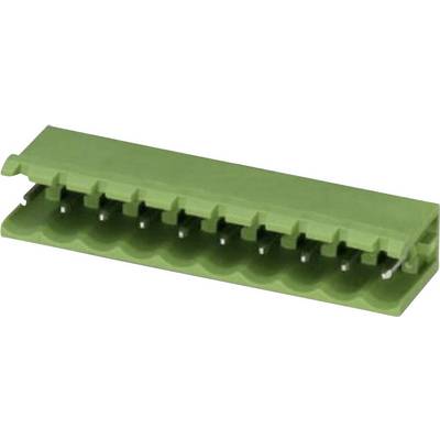 Connettore elettrico verde, rettangolare, con più piedini di connessione.