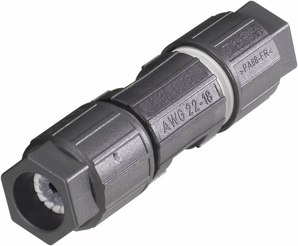 Connettore cilindrico nero con filettatura a vite, idoneo per connessioni elettriche impermeabili per uso esterno.