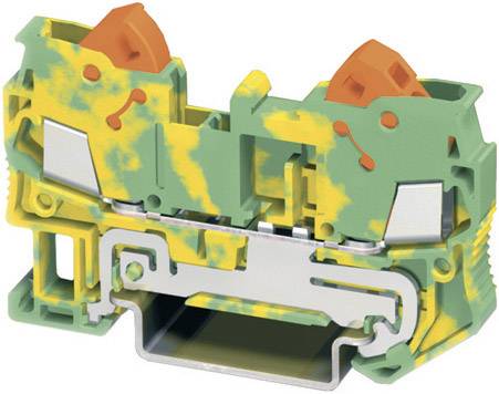 Un blocco elettrico verde e giallo con contatti metallici. Le leve arancioni consentono un fissaggio sicuro del cavo.