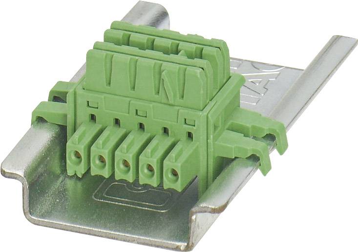 Connettore elettrico verde su supporto metallico, idoneo per il fissaggio su guida DIN in applicazioni elettrotecniche.