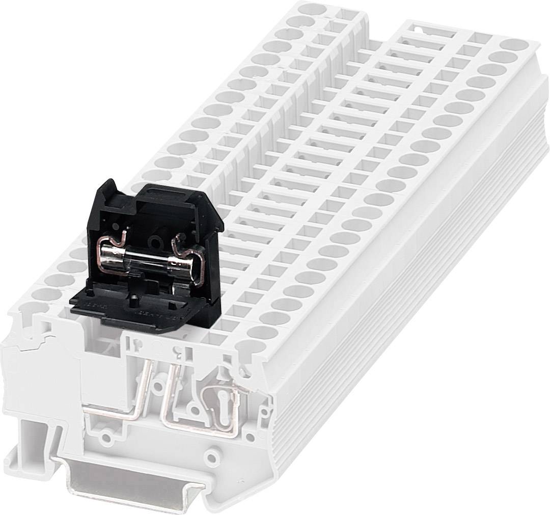 Un portafusibili bianco con vano per fusibili, montato su un morsetto elettrico trasparente.