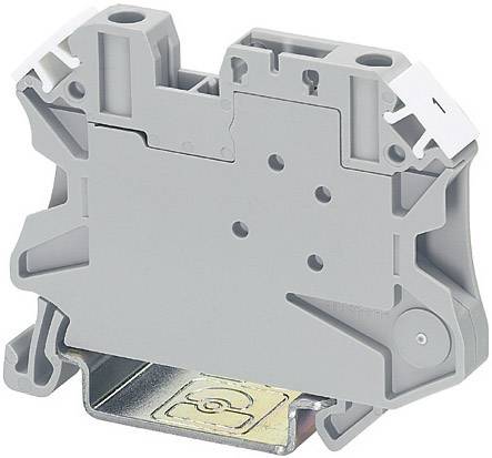 Un morsettiera grigia con coperchio bianco e base metallica, utilizzata per connessioni elettriche sicure su una guida DIN.