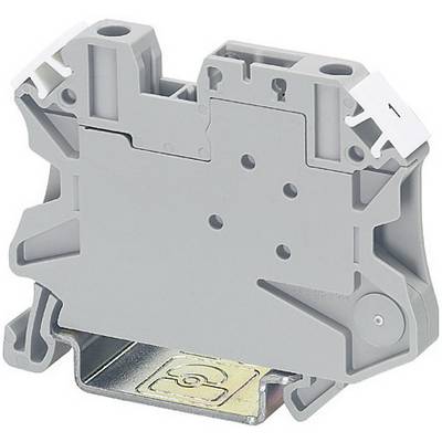 Un morsettiera grigia con coperchio bianco e base metallica, utilizzata per connessioni elettriche sicure su una guida DIN.