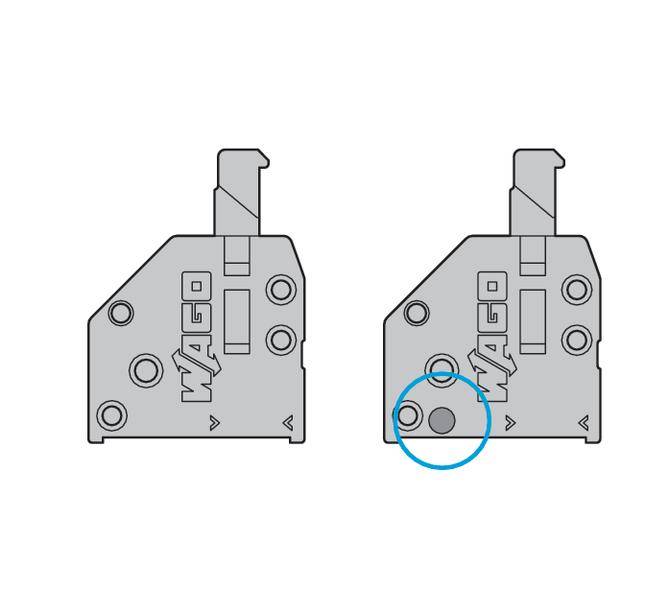 Due interruttori elettrici, uno a destra mostra un cerchio blu intorno ai contatti inferiori. Entrambi gli interruttori hanno il logo 'WAGO'.