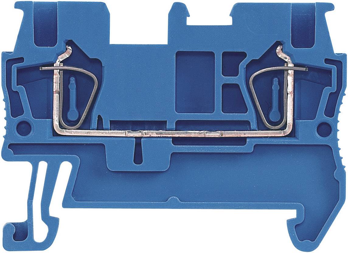 Un blocco di morsetti elettrico blu per il montaggio su guida DIN, che mostra i contatti metallici interni e i punti di connessione.