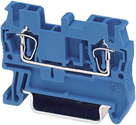 Morsettiera elettrica blu con contatto metallico, utilizzata per garantire la sicurezza dei collegamenti dei cavi all'interno dei quadri elettrici.