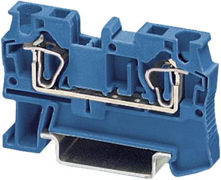 Un blocco morsetti in serie blu in plastica con connettori metallici visibili al centro. Viene utilizzato per il cablaggio elettrico.