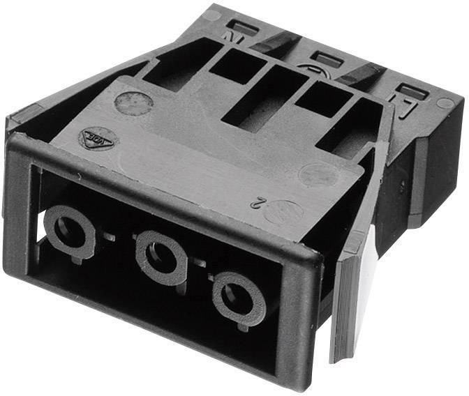 Connettore tripolare nero in forma rettangolare. Adatto per connessioni elettriche, tipicamente utilizzato in dispositivi elettronici.