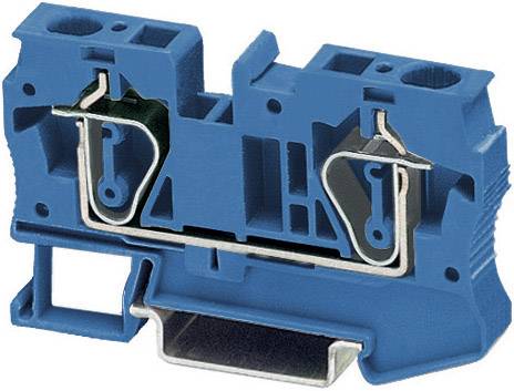 Una morsettiera elettrica blu in plastica con attacchi metallici. Serve per collegare conduttori elettrici all'interno di quadri elettrici.