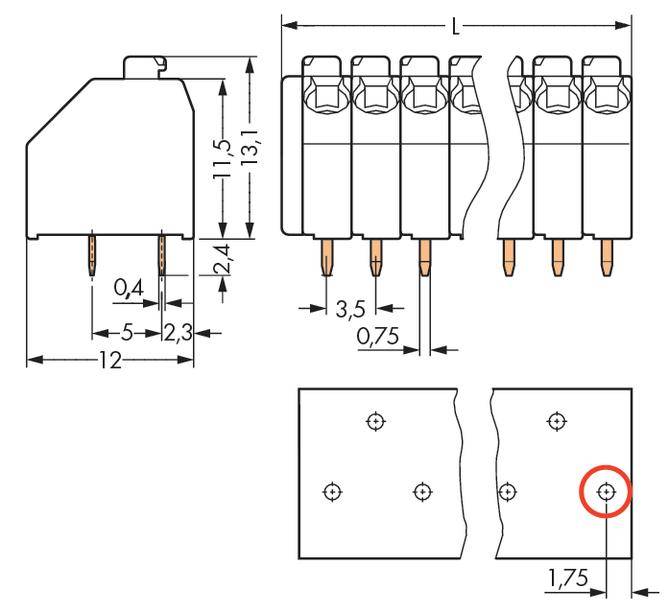 Disegno tecnico di un connettore a 6 poli con quote dettagliate in millimetri e un dima di foratura in basso a destra.