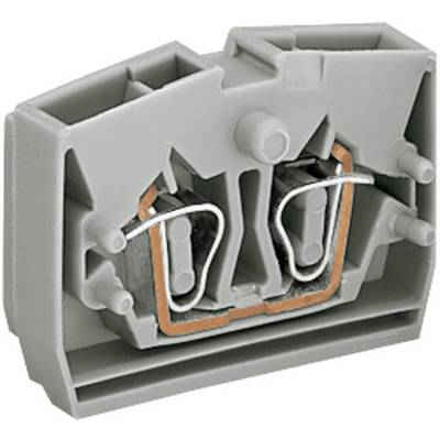 Un morsetto elettrico grigio con due fili di rame e meccanismi di connessione, utilizzato per connessioni elettriche in quadri elettrici.