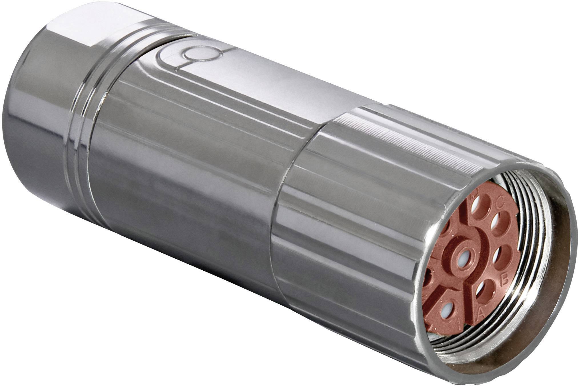 Un connettore cilindrico con un alloggiamento metallico e punti di contatto interni colorati di rosso.