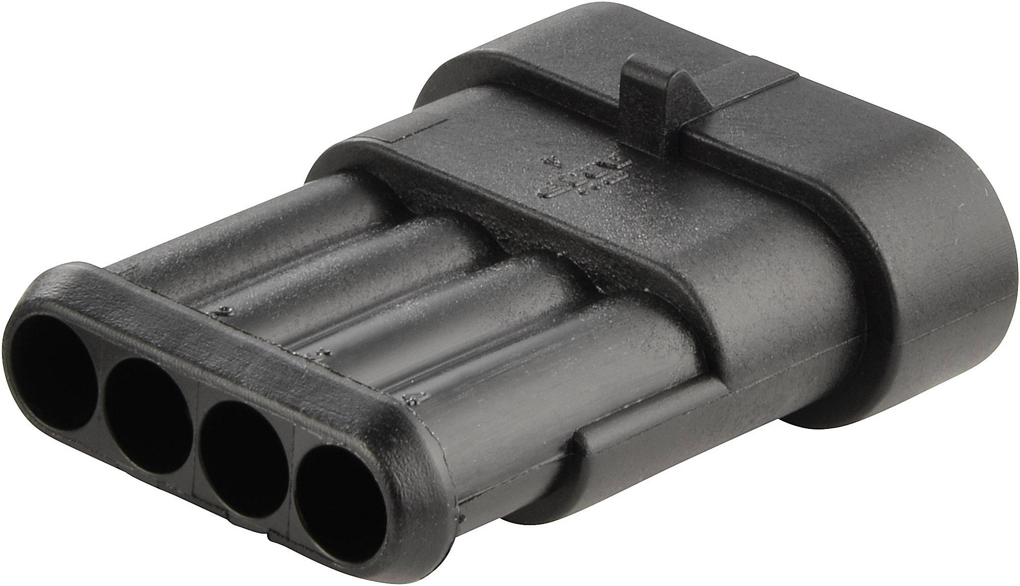 Spina nera in plastica con quattro connessioni circolari, utilizzata per connessioni elettriche in veicoli o macchine.