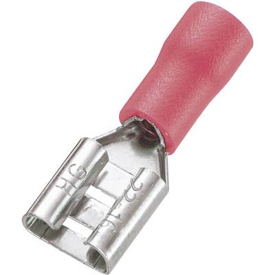 Un connettore piatto rosso con attacco metallico, utilizzato per connessioni elettriche in veicoli o apparecchiature elettriche.