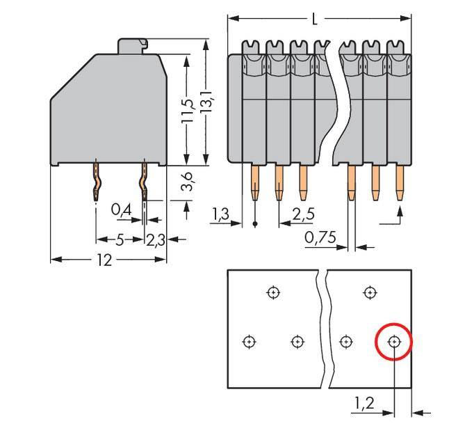 Dimensioni e dettagli di connessione di un componente elettrico con piedini per saldatura; disegno tecnico in scala.