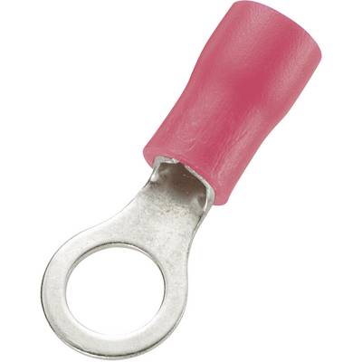Un capocorda isolato con guaina in plastica rossa e un anello metallico per connessioni elettriche.