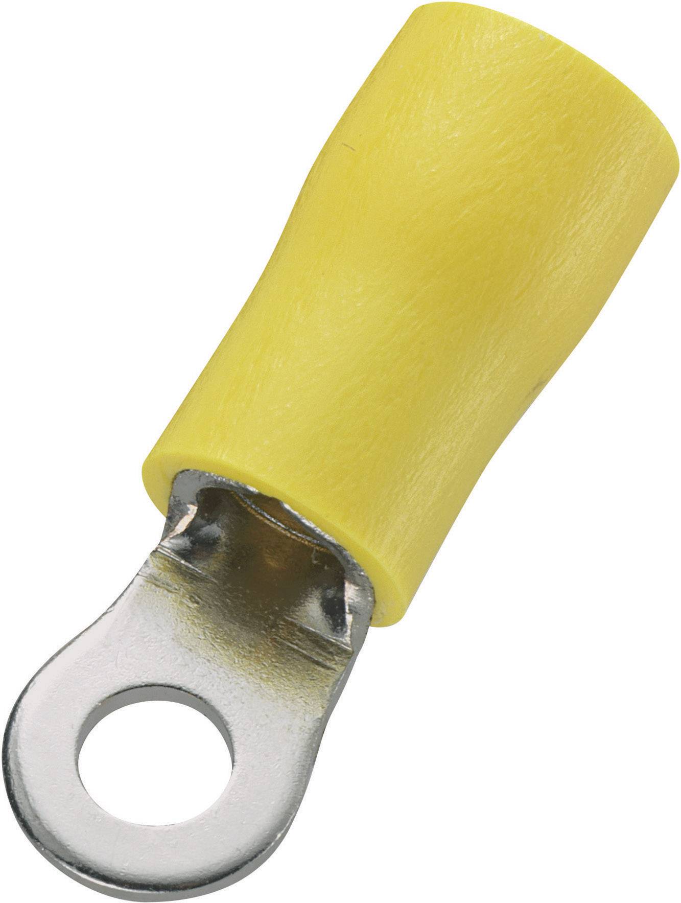 Capocorda ad anello giallo in metallo e plastica con un'apertura rotonda, idoneo per connessioni elettriche.