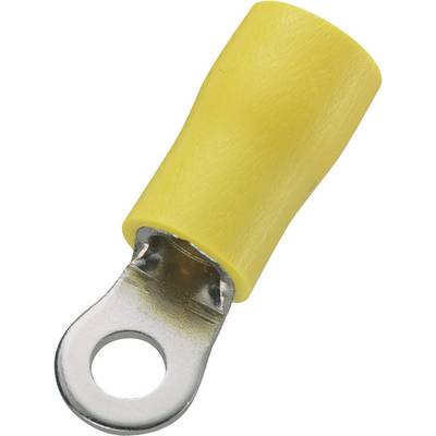 Capocorda ad anello giallo in metallo e plastica con un'apertura rotonda, idoneo per connessioni elettriche.