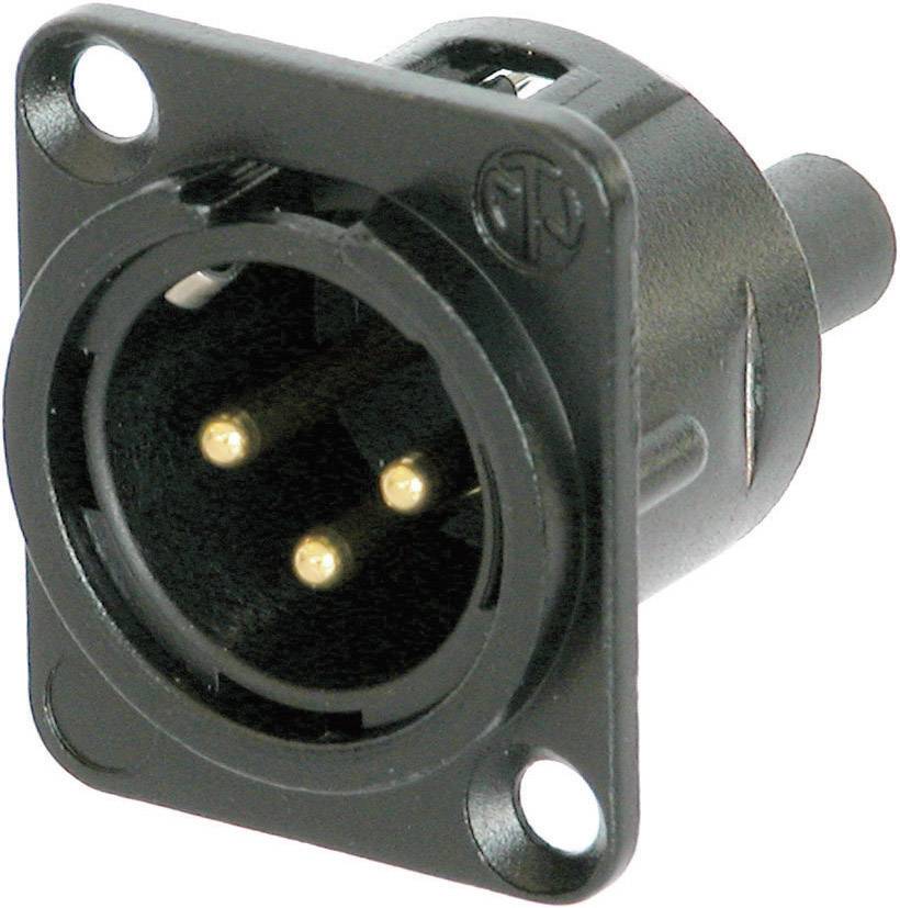 Un connettore XLR femmina nero rotondo con tre pin dorati, montato su una piastra rettangolare con due fori di fissaggio.
