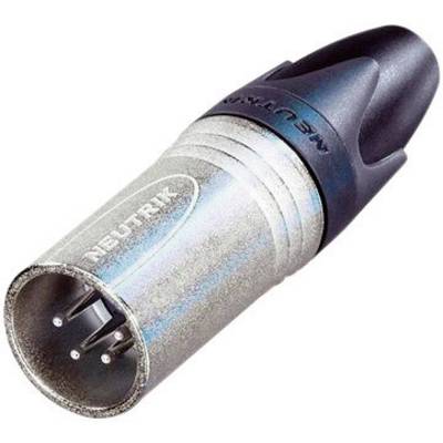 Un connettore XLR argentato con involucro nero, con il logo del marchio 'Neutrik' inciso.