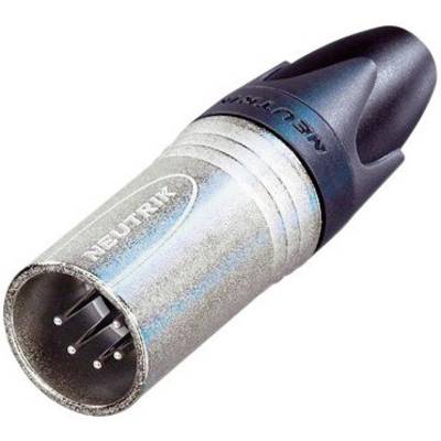 Un connettore XLR argentato con estremità nera, tre pin metallici all'interno, contrassegnato lateralmente con 'NEUTRIK'.