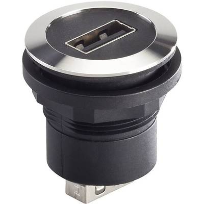 Primo piano di un connettore USB rotondo nero con un bordo argentato, integrato in un alloggiamento nero.
