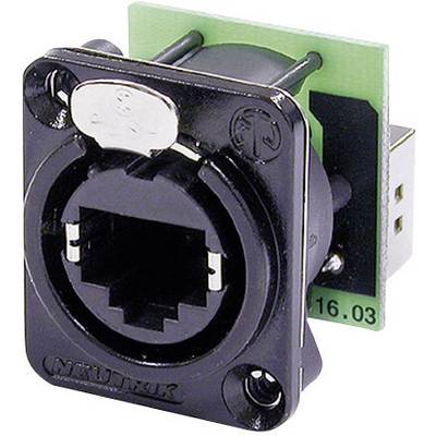 Un connettore nero di rete o audio su una piccola scheda verde, tipicamente utilizzato per connessioni professionali.