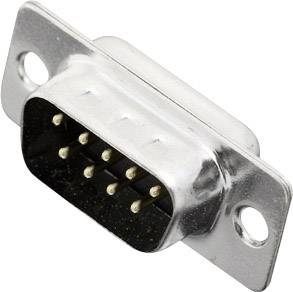 Un connettore D metallico rettangolare con nove pin, tipicamente utilizzato per connessioni seriali del computer.