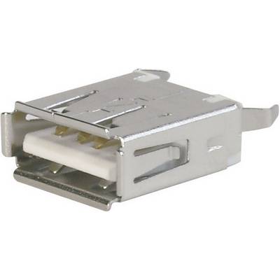 Un connettore USB in primo piano, realizzato in metallo con parti in plastica bianca e diversi pin di contatto che consentono connessioni elettroniche.