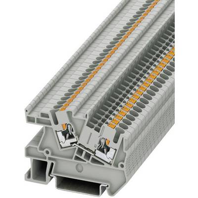 Morsettiera modulare grigia a due piani con dettagli arancioni e aperture laterali per il cablaggio efficiente nei quadri elettrici.