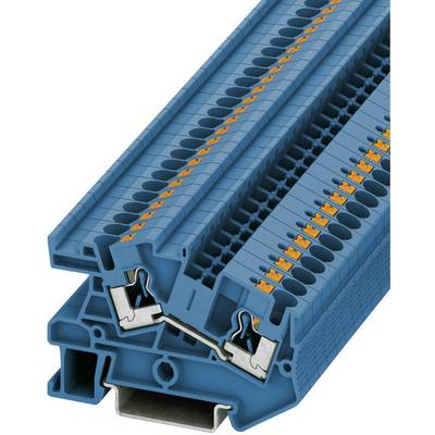 Un modulo blu per morsetti a fila con più possibilità di connessione, componente tipico per sistemi di cablaggio elettronico.