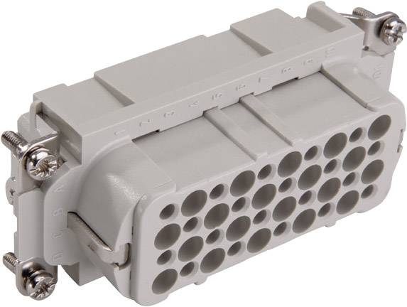 Connettore rettangolare con più contatti rotondi, alloggiamento grigio, due fissaggi a vite sui lati.
