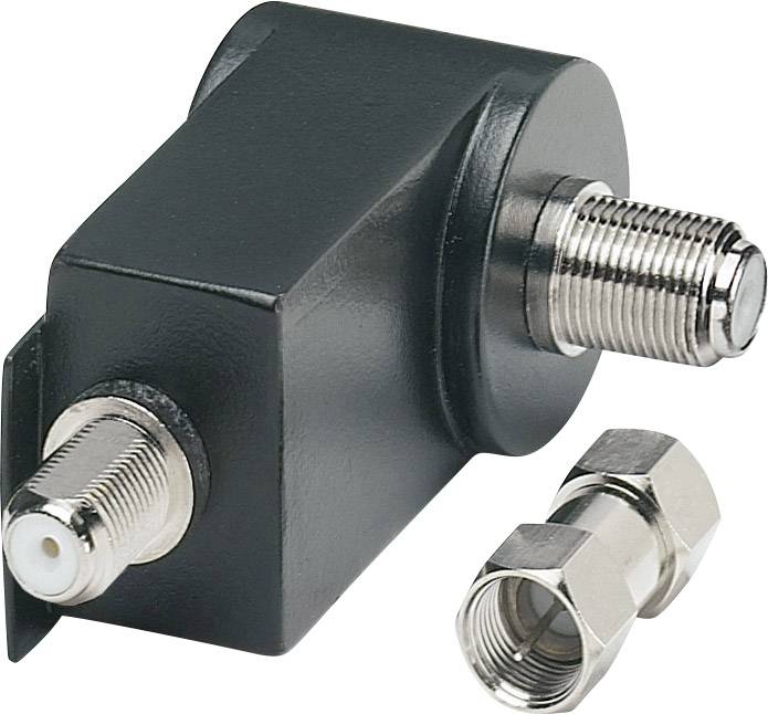 Un adattatore coassiale nero con due connettori e un componente metallico rimovibile che giace accanto all'adattatore.