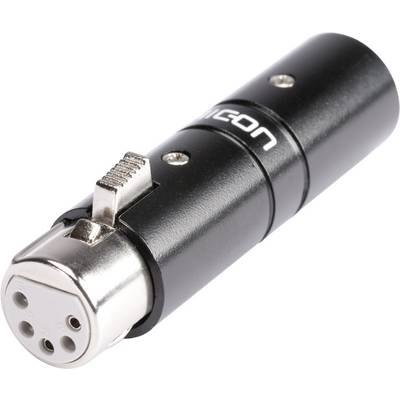 Un adattatore per microfono XLR nero con connettori argentati, interruttore laterale e logo del marchio è raffigurato.