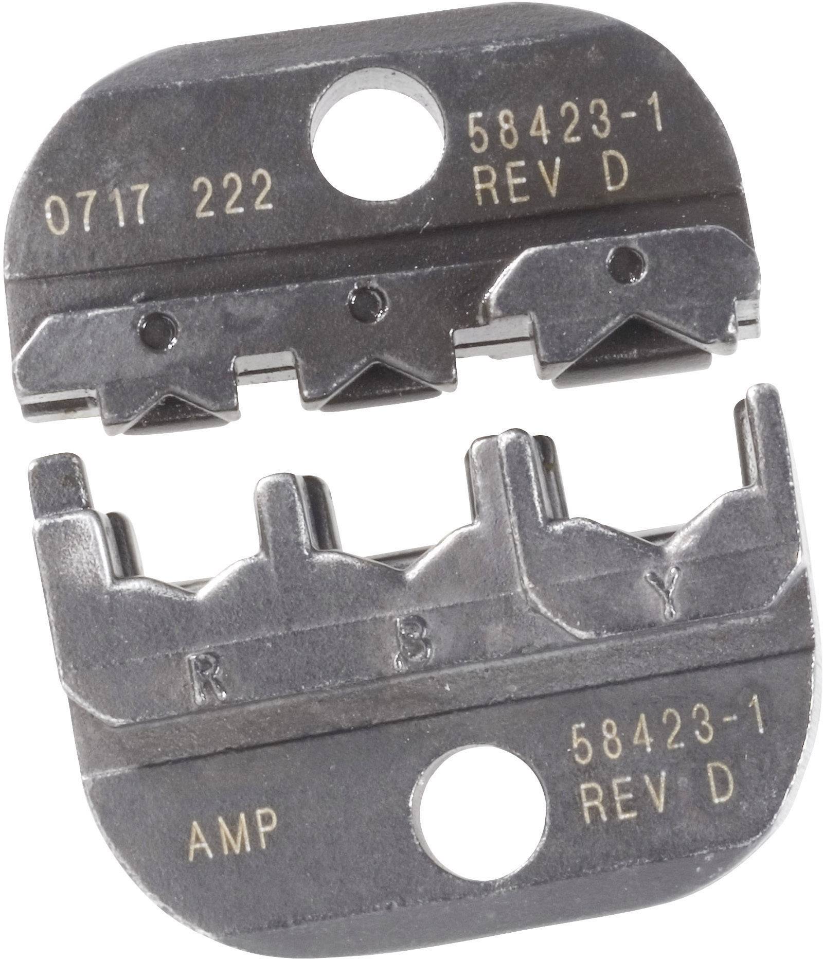Due inserti per pinze a crimpare in metallo affiancati, con l'iscrizione 'AMP 58423-1 REV D'.