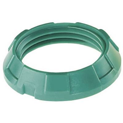 Anello di chiusura in plastica verde, visto dall'alto. Ha un design scanalato e una superficie opaca.